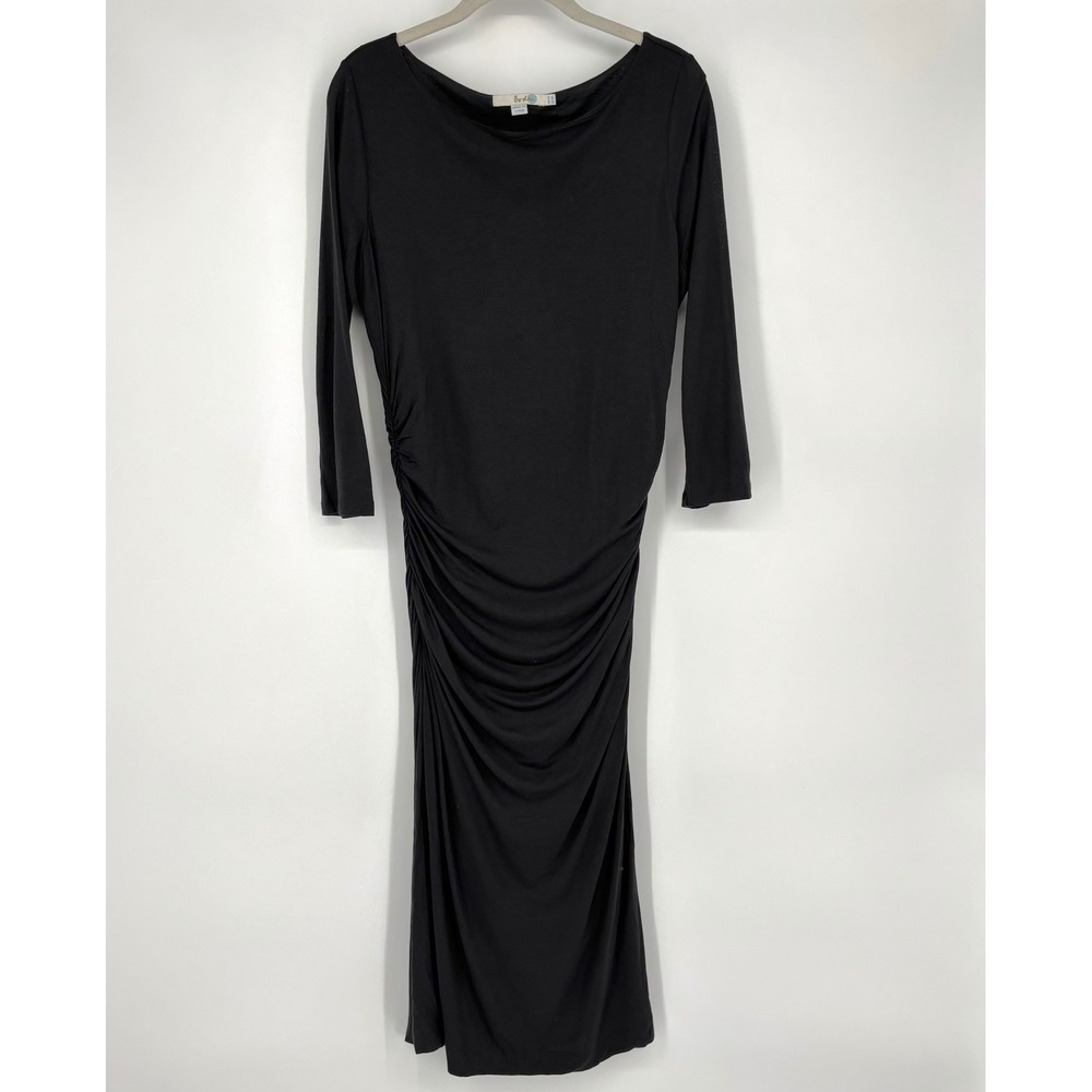 Boden Black Ruched Midi Dress Sz 8 Long Boat‎ Neck 3/4 Sleeve Wool Blend
